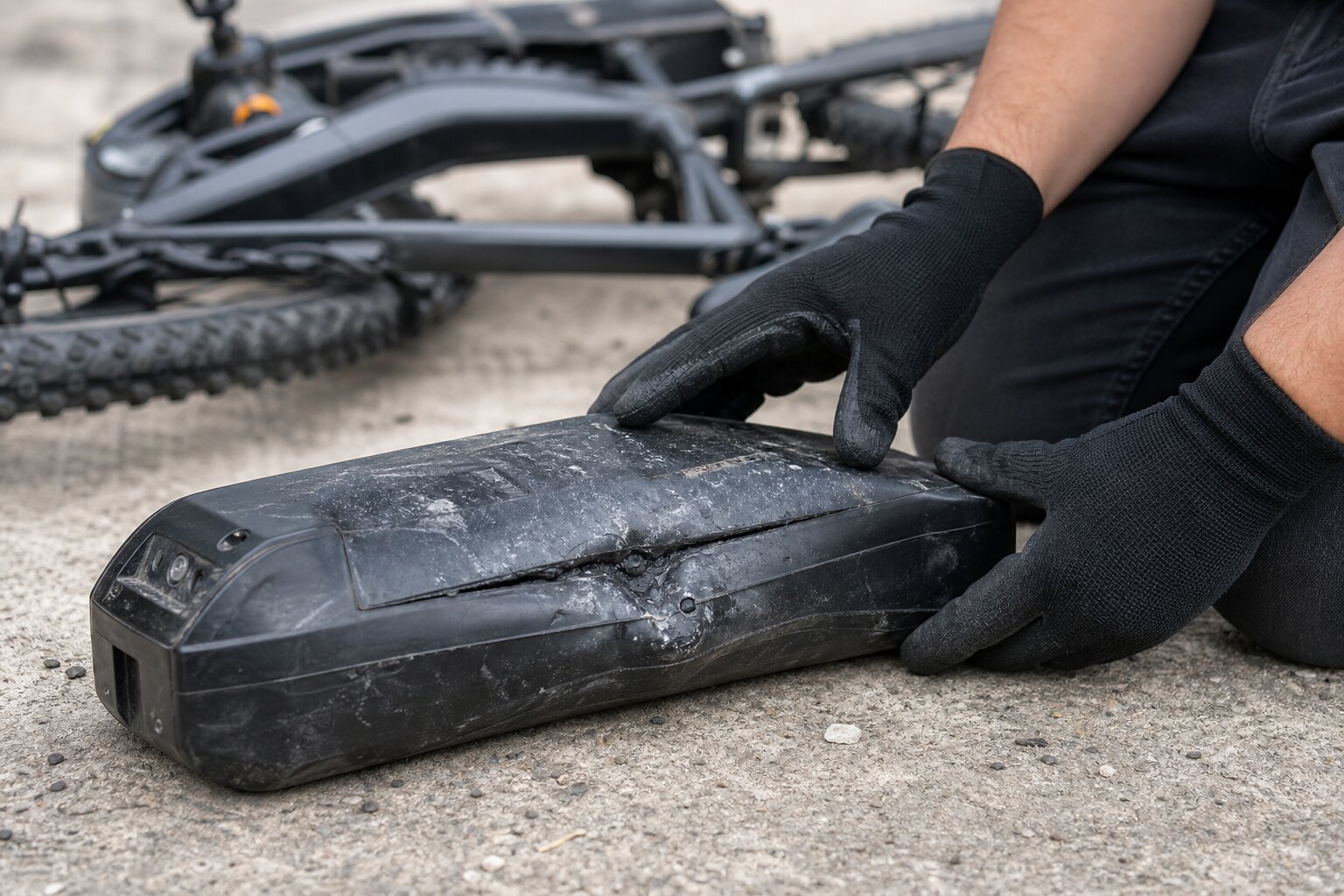 E-bike battery inspection after crash for dents and swelling