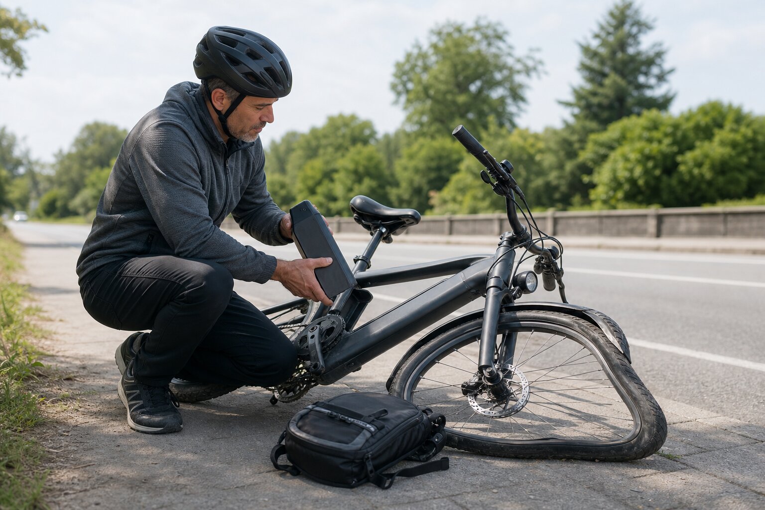 Rider powering down crashed e-bike before battery removal