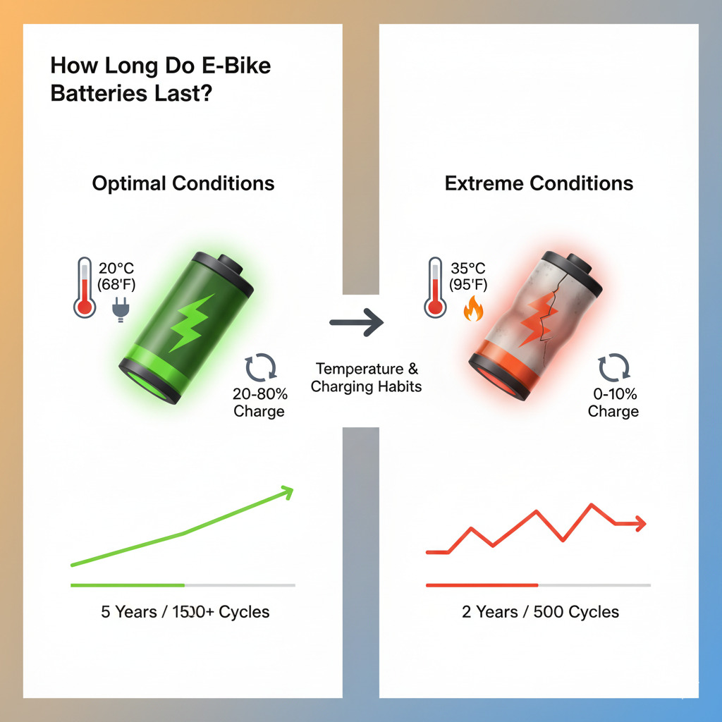 A comparative image showing e-bike battery lifespan under optimal conditions