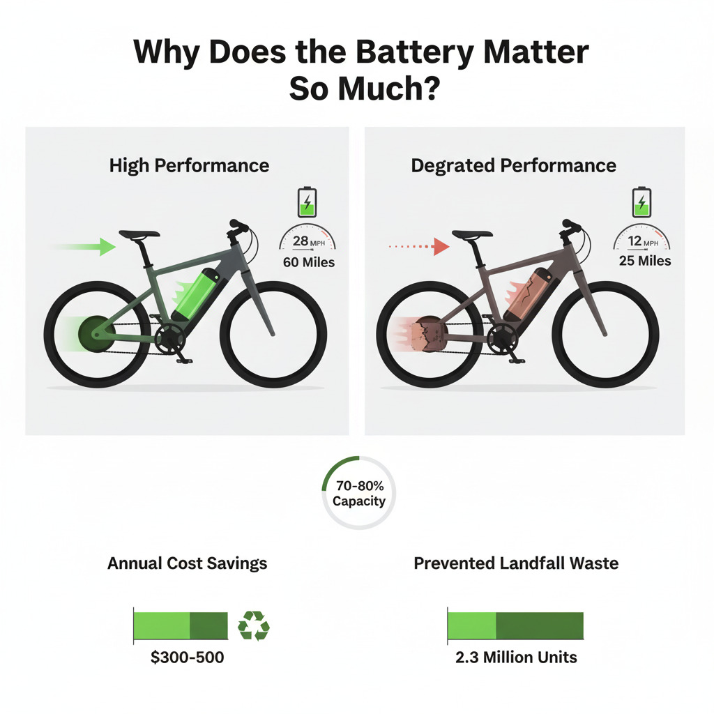 An illustration comparing an e-bike with a high-performance battery to one with a degraded battery highlighting annual cost savings and reduced landfill waste.